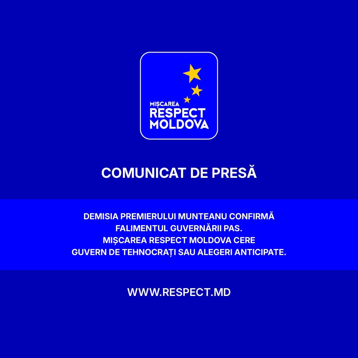 Demisia premierului Munteanu confirmă falimentul guvernării PAS. Mișcarea Respect Moldova cere Guvern de tehnocrați sau alegeri anticipate